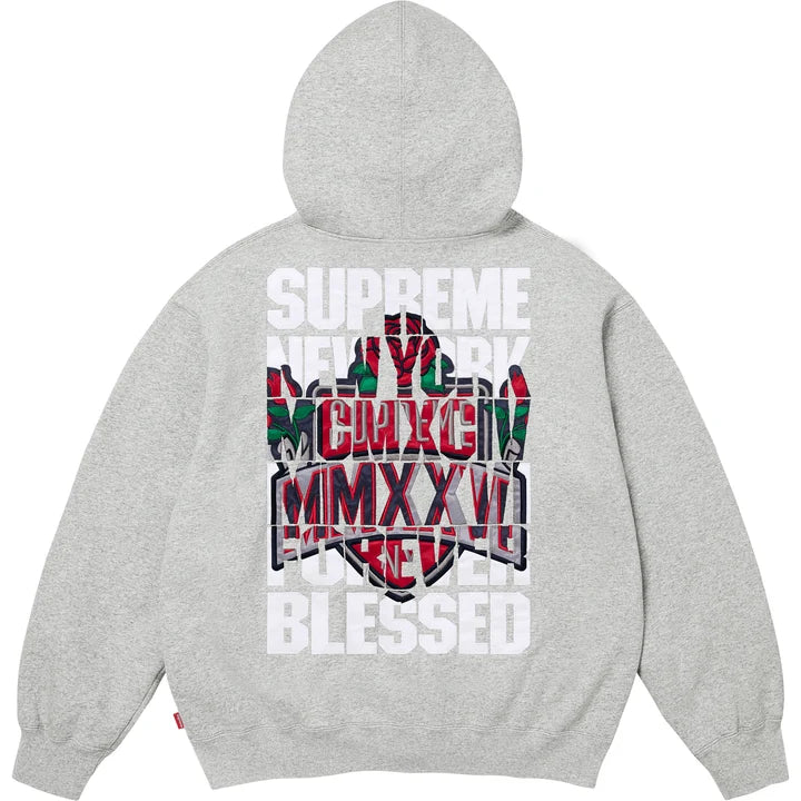 Supreme Heather Grey Blessed Applique Zip Hoodie back view with the Supreme New York Forever Blessed applique
