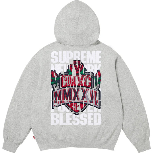 Supreme Heather Grey Blessed Applique Zip Hoodie back view with the Supreme New York Forever Blessed applique