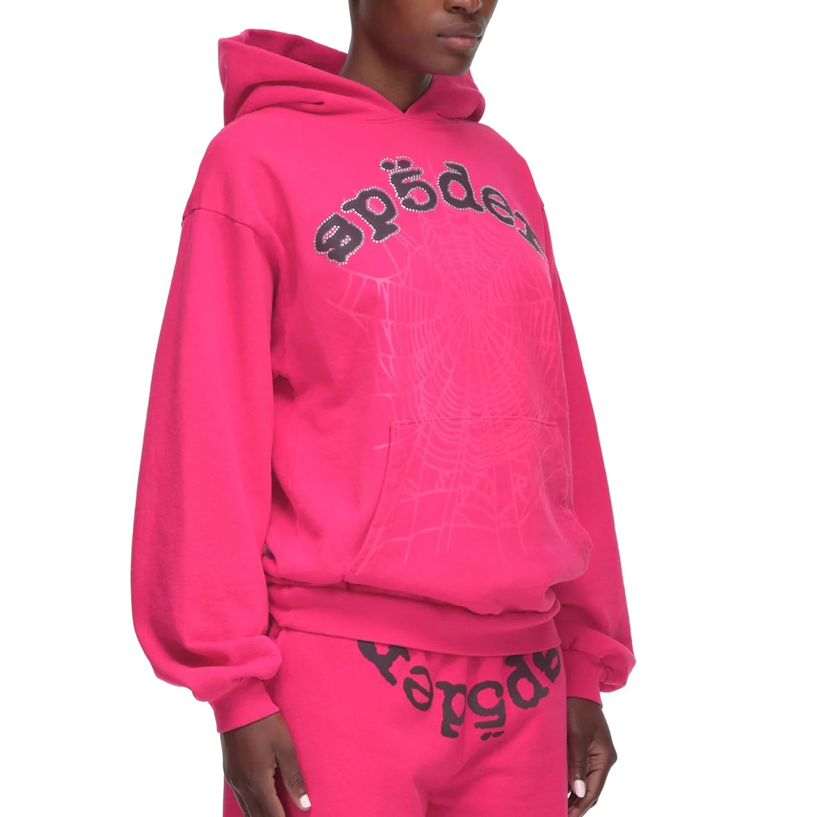 Sp5der Pink Black Rhinestone Legacy Hoodie On Body Front Right Female