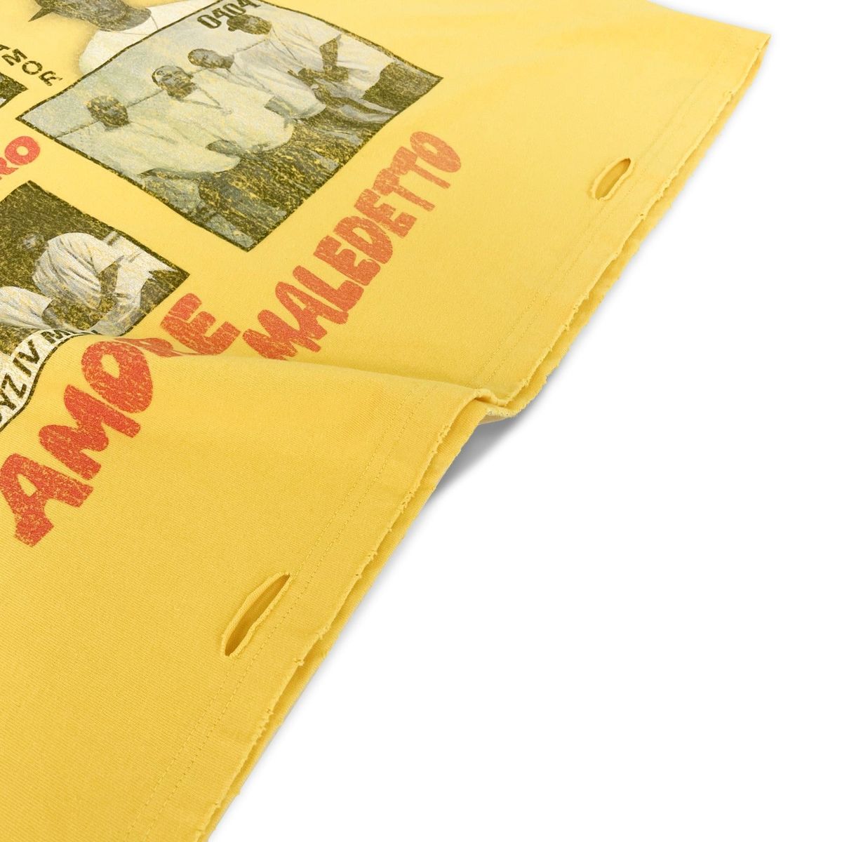 Stile De Amor Yellow Popolare T-Shirt, close-up of the lower front print, red AMORE MALEDETTO text beside a photo panel