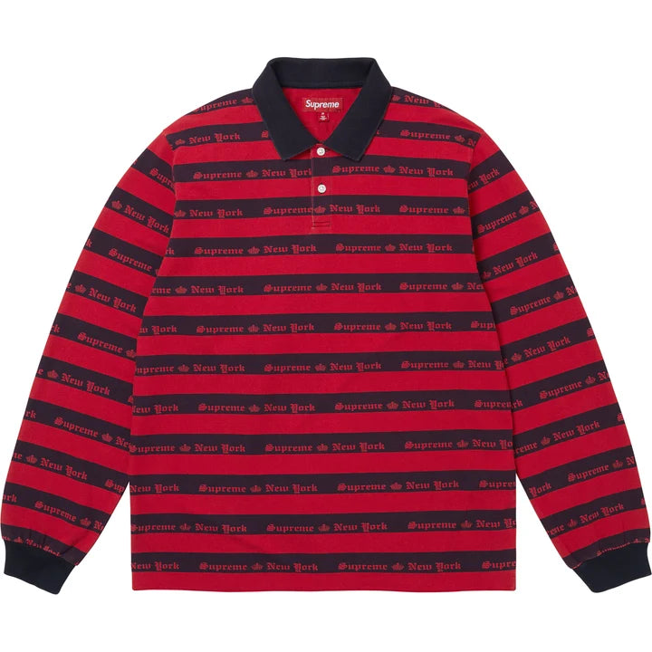 Red and navy striped long sleeve knit polo with navy collar and red Supreme tab