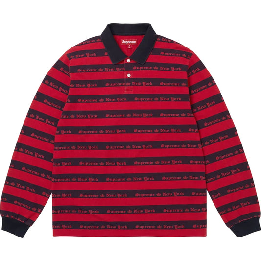 Red and navy striped long sleeve knit polo with navy collar and red Supreme tab