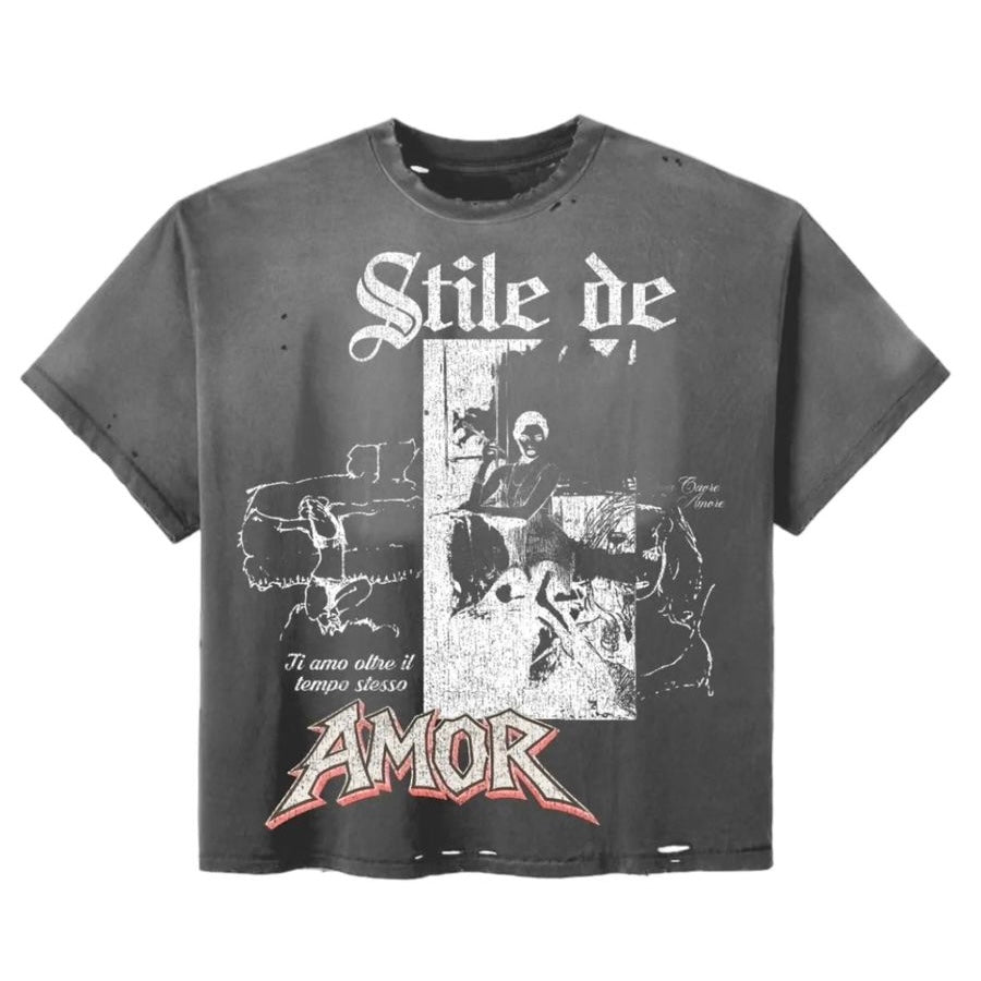 Stile De Amor Washed Stresso T-Shirt, washed grey distressed tee with gothic Stile de lettering, a photo panel and red AMOR