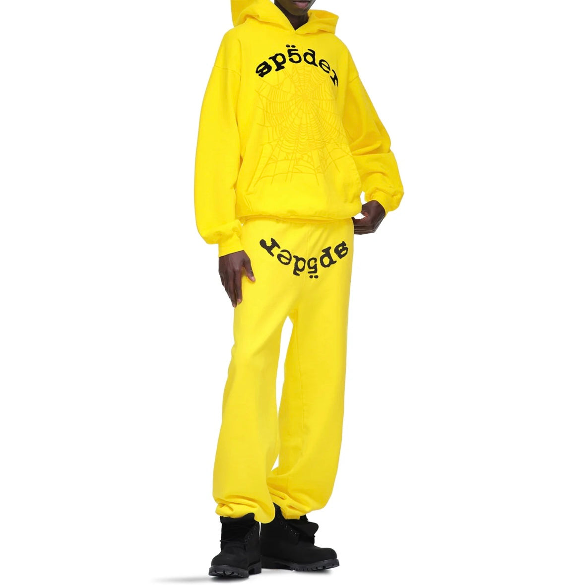 Sp5der Yellow Black Legacy Sweatpants On Body With Hoodie