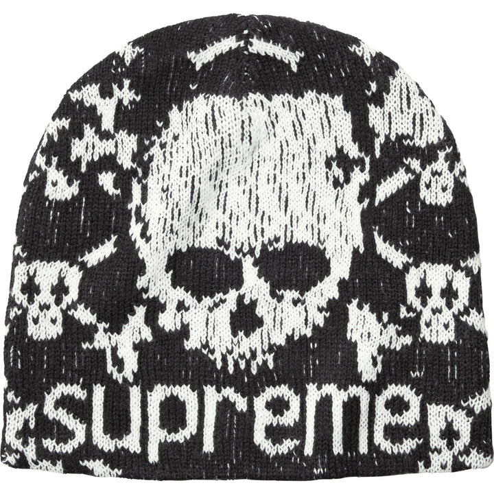 Supreme x Vanson skull beanie in black with an allover white skull and crossbones knit and a large skull above the Supreme wordmark