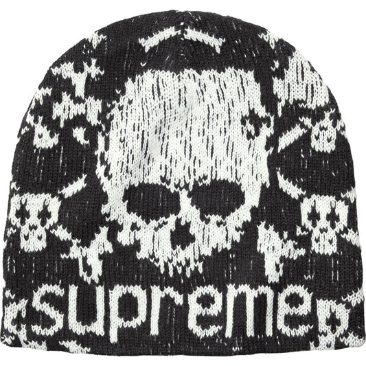 Supreme x Vanson skull beanie in black with an allover white skull and crossbones knit and a large skull above the Supreme wordmark
