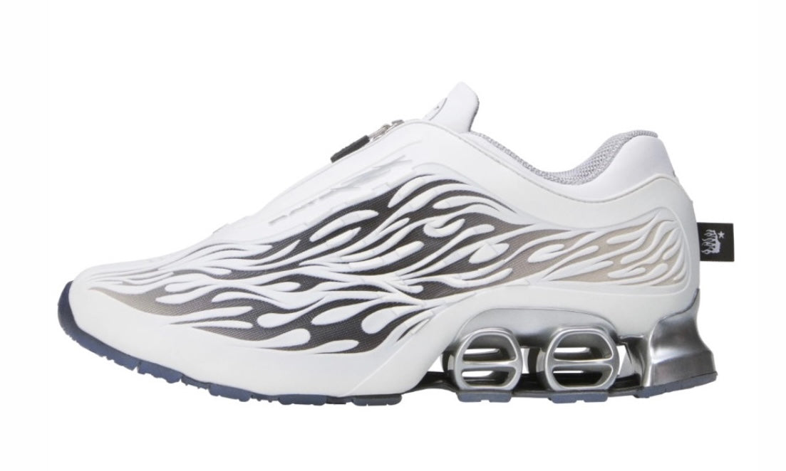 Hellstar Adidas Megaride White, side view of a white low-top runner with black and silver flames and a chunky silver capsule midsole