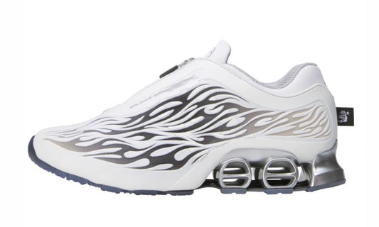 Hellstar Adidas Megaride White, side view of a white low-top runner with black and silver flames and a chunky silver capsule midsole