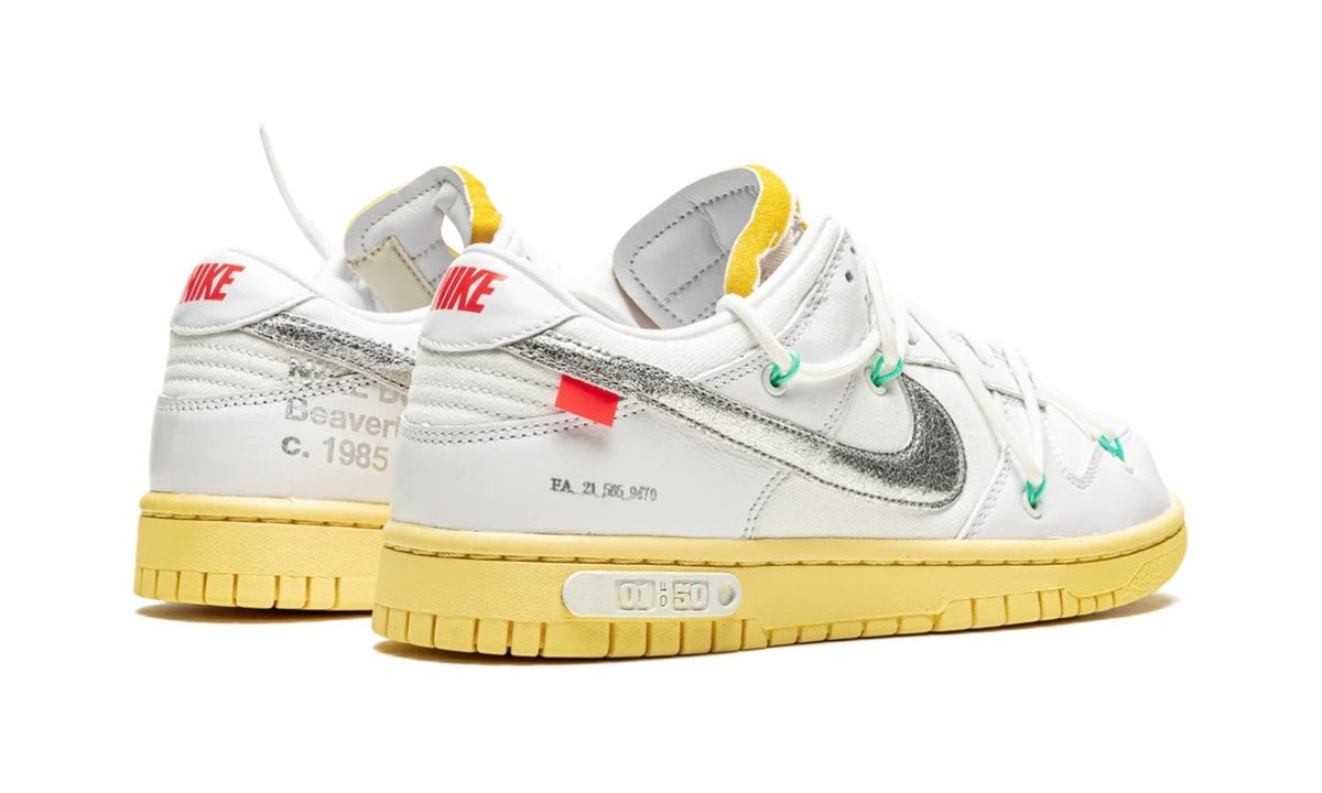 Pair of Off-White x Nike Dunk Low Lot 1 from the rear, printed heel text and red tab