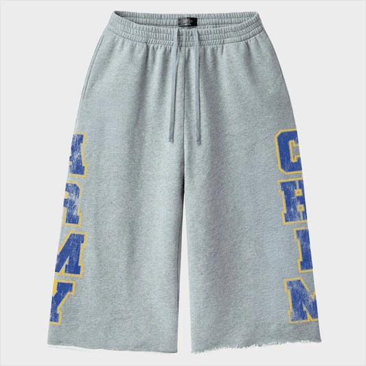 HMDD Grey Army Sweat Shorts front flat-lay — heather grey shorts with blue CHIM and ARMY leg lettering, frayed hems