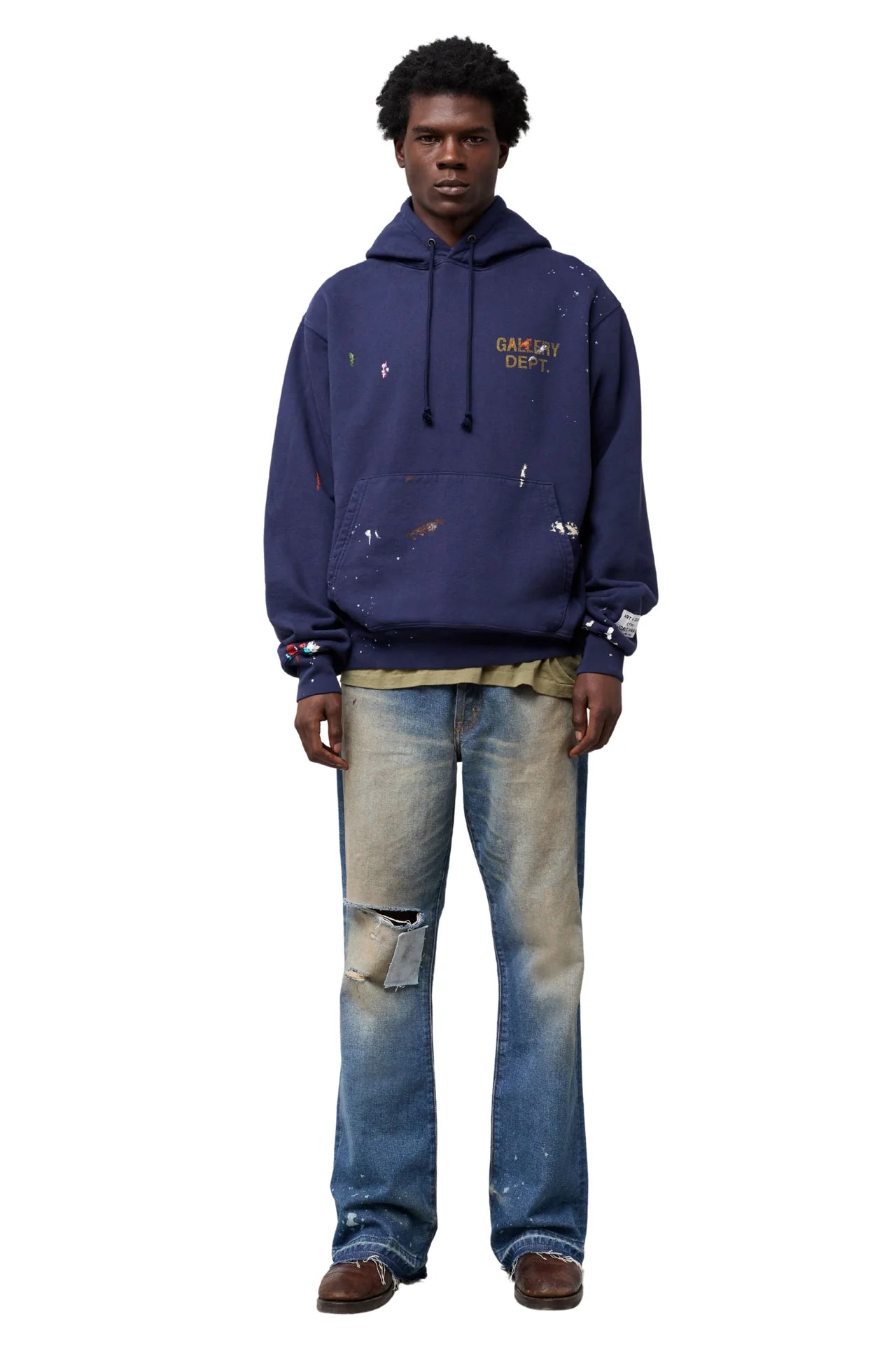 Gallery Dept Washed Navy Logo Paint Splattered Hoodie