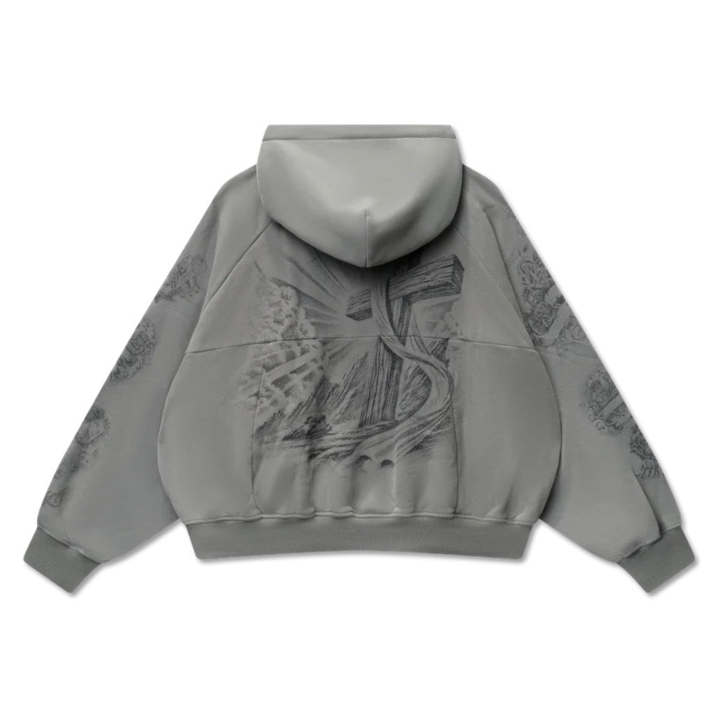 Back of washed grey zip hoodie with large tonal robed figure illustration