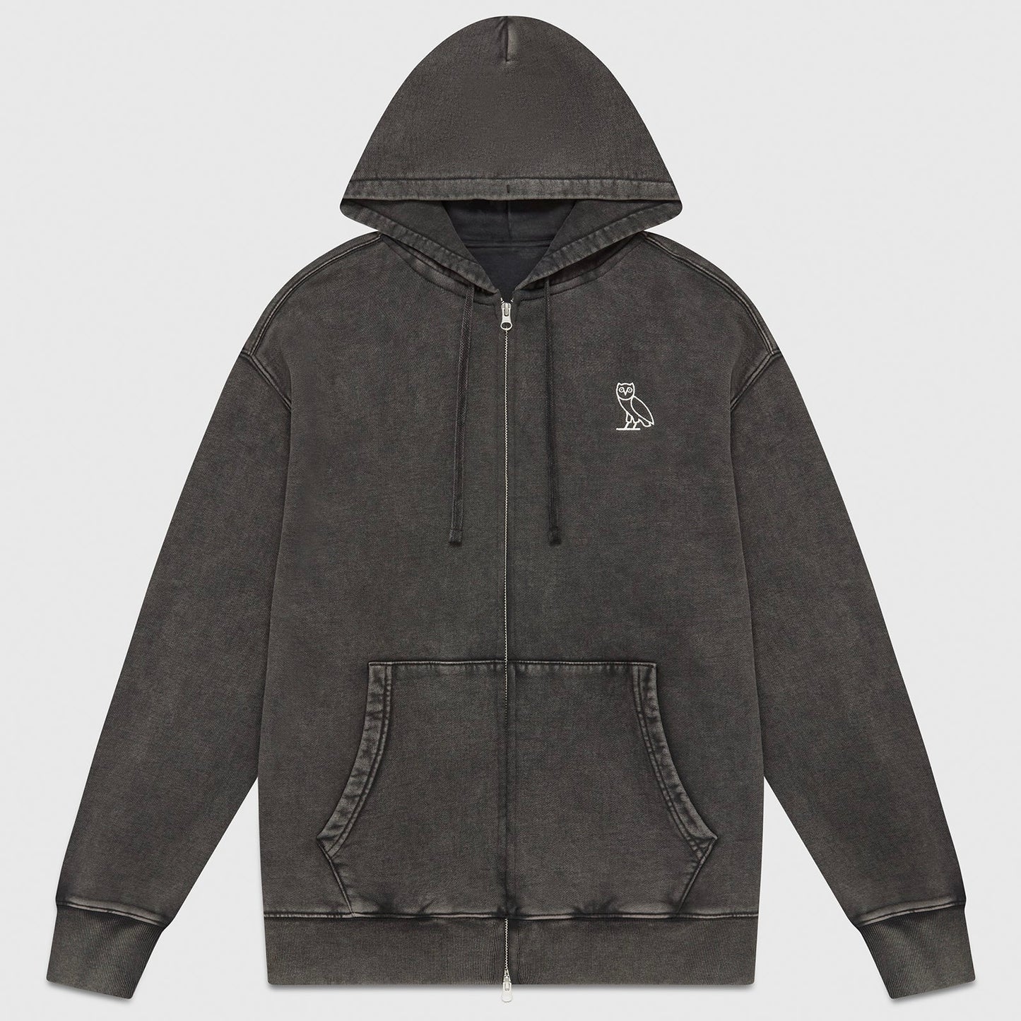 OVO Washed Black Silver Zip Hoodie Front View