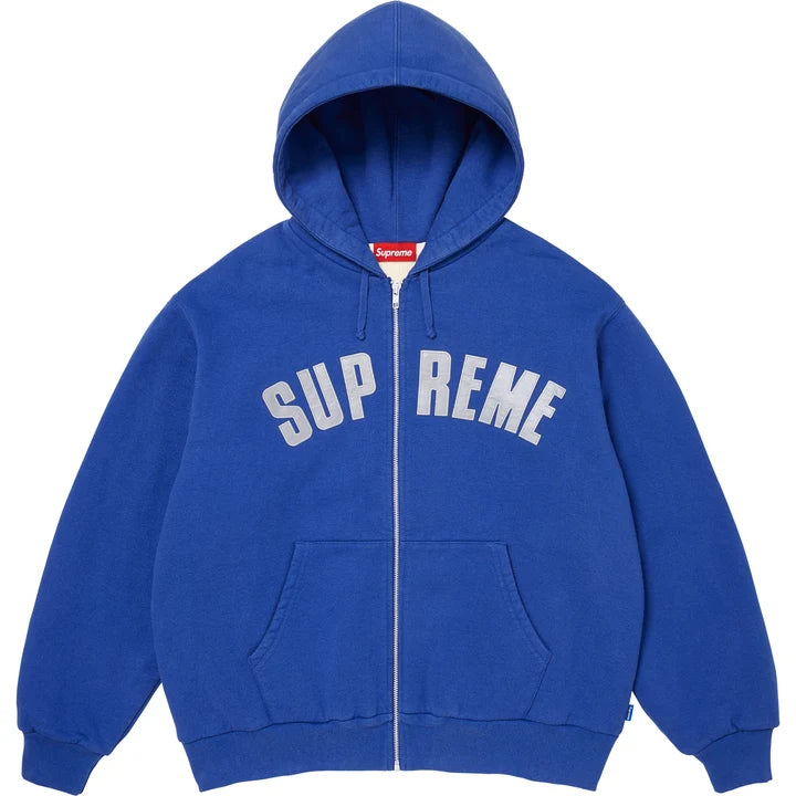 Supreme Arc Thermal zip hoodie in royal blue with a grey applique arc SUPREME logo split by the zip, front view