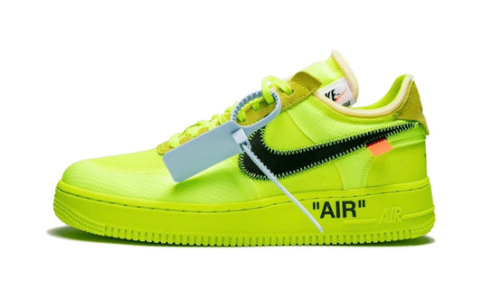 Nike Air Force 1 Low Off-White Volt lateral view — volt ripstop upper, black Swoosh and hanging mint zip tie