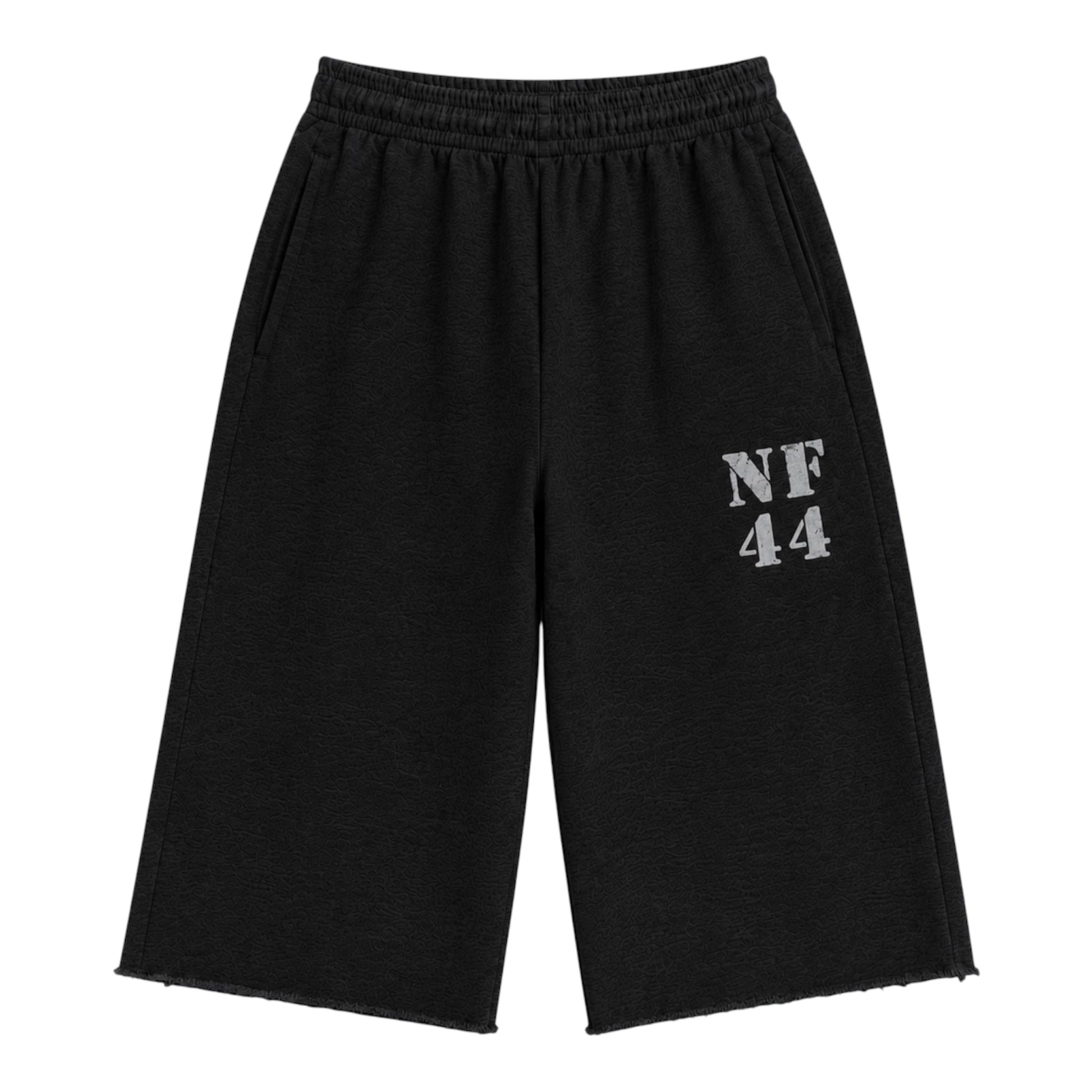 No Feelings Black Militia NF44 3/4 Shorts, front view of wide-leg washed black sweat shorts cut below the knee with a grey NF 44 print on the left thigh and a raw frayed hem