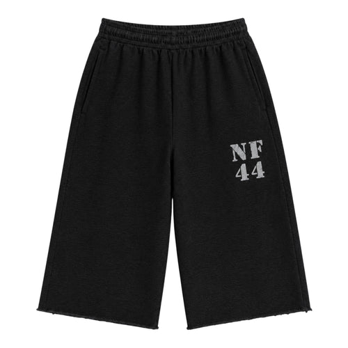 No Feelings Black Militia NF44 3/4 Shorts, front view of wide-leg washed black sweat shorts cut below the knee with a grey NF 44 print on the left thigh and a raw frayed hem