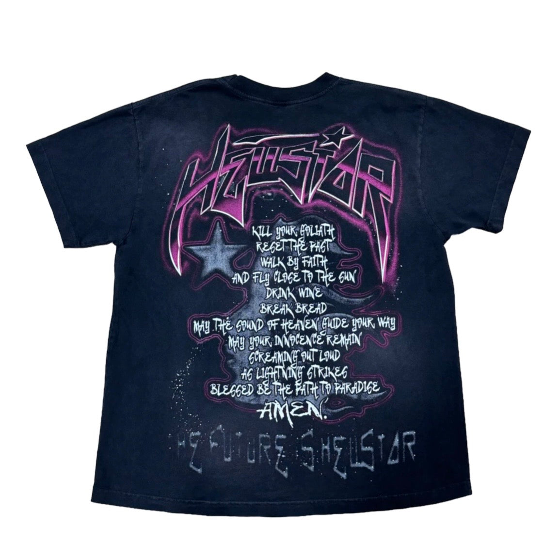 Hellstar Black Future Tee back with pink logo, handwritten verse and faded hem lettering