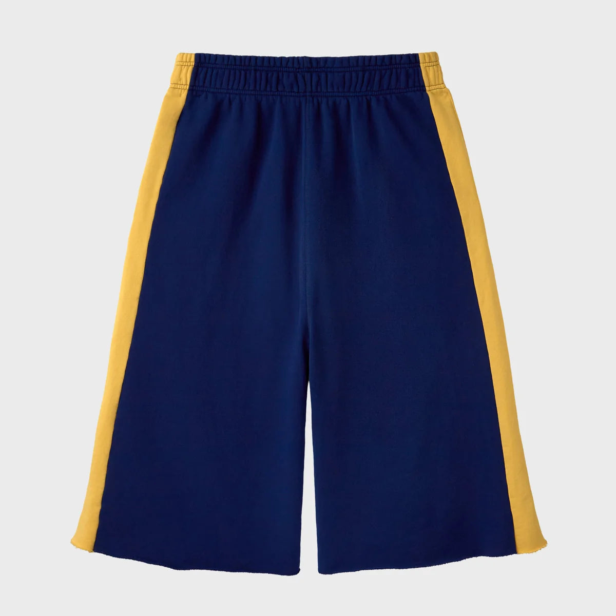 HMDD Pear Tech 3/4 Shorts back view in navy with elastic waistband and frayed hems