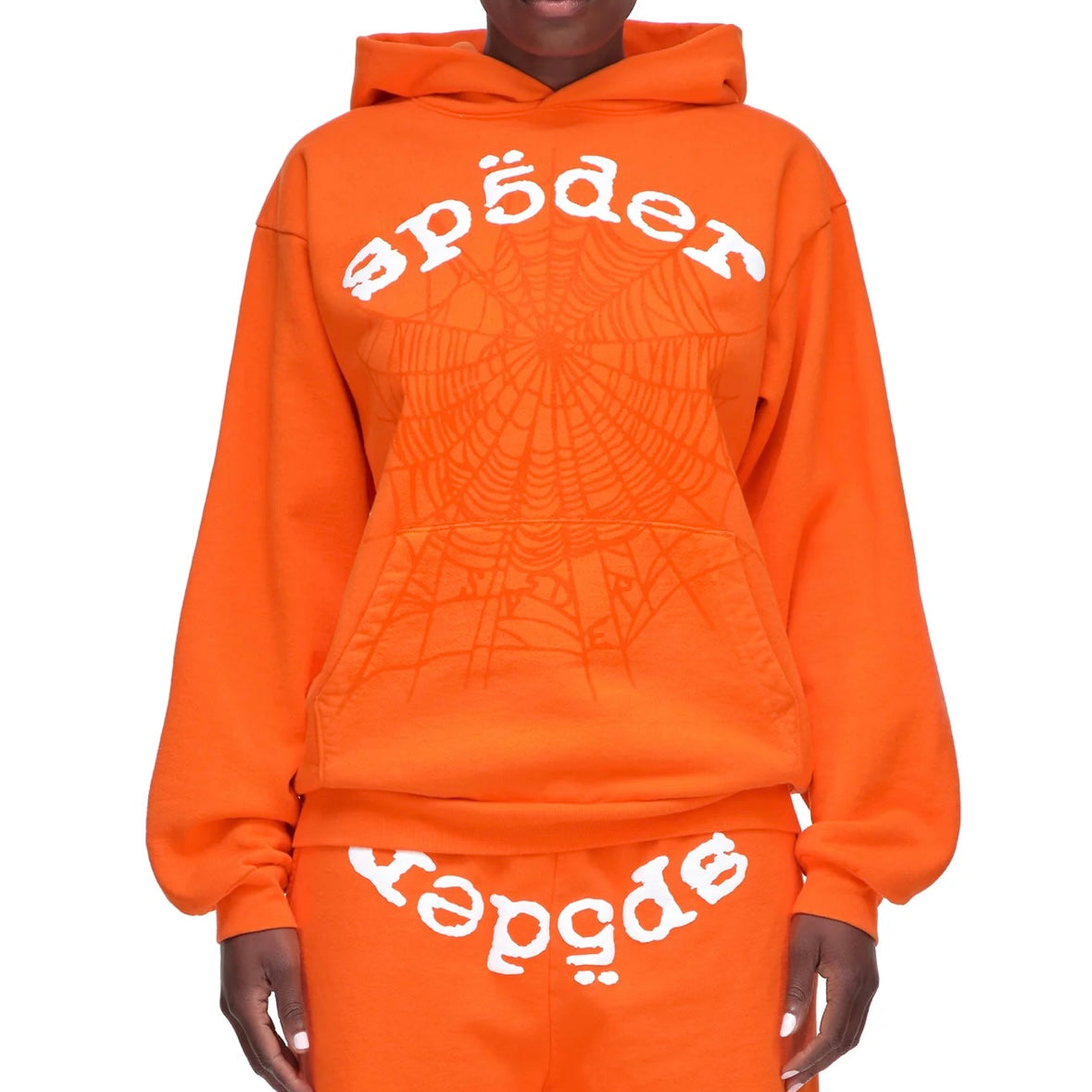 Sp5der Orange White Legacy Hoodie On Body Front Female