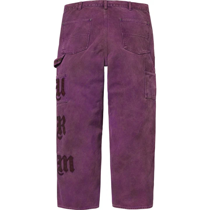 Supreme Purple Leather Applique Double Knee Painter Pants back view with blackletter lettering down the leg