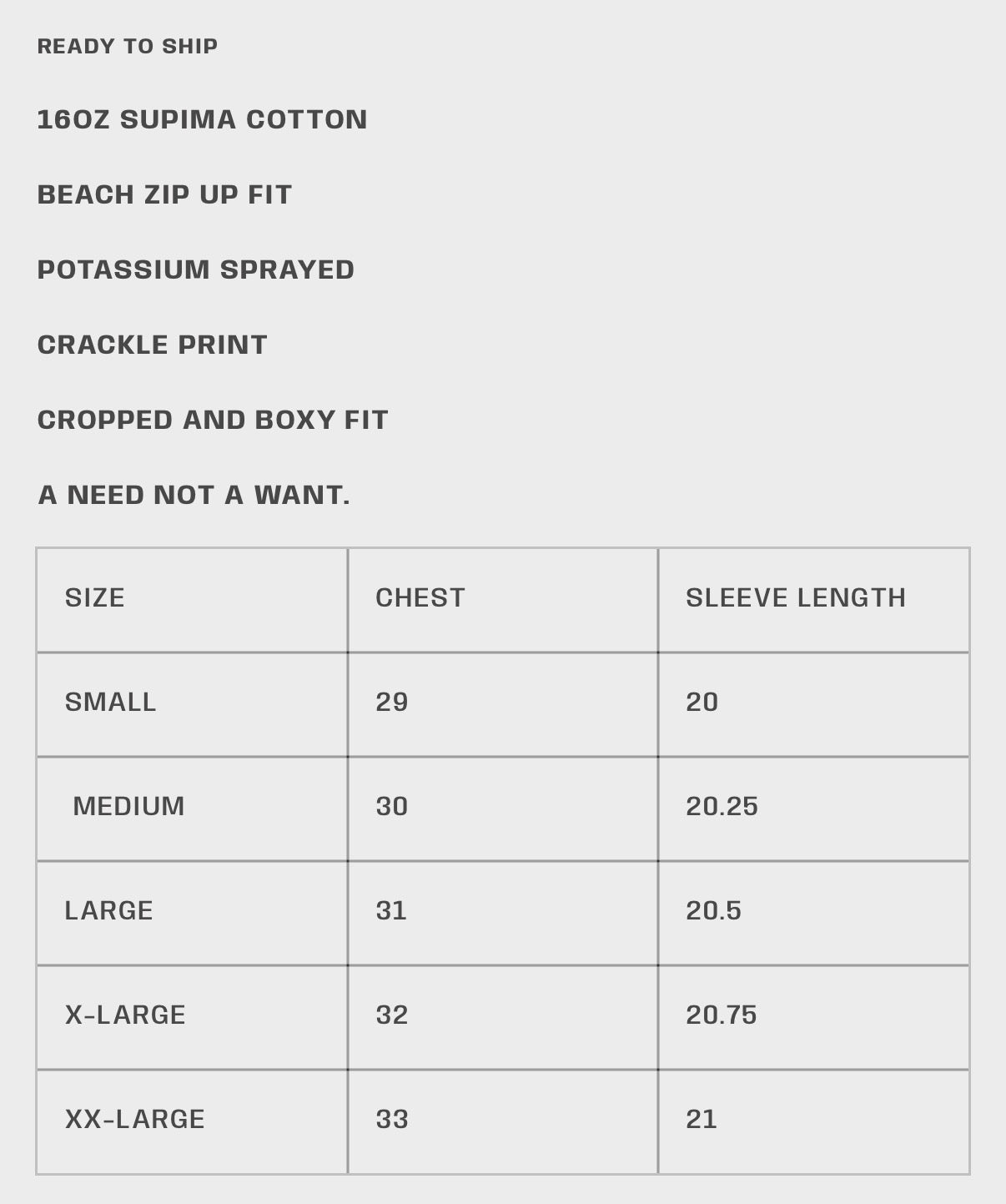 HMDD Cropped OC Summer Zip Hoodie, size guide listing chest and sleeve length for small through XX-large