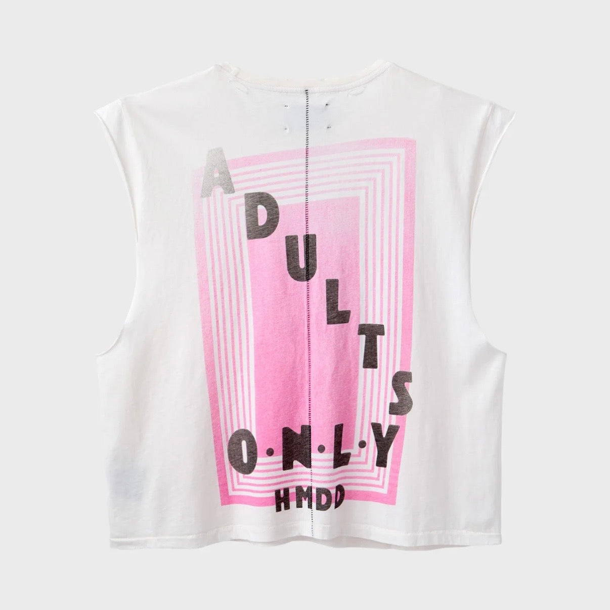 HMDD Vegas Cutoff, back of the white cutoff with a pink rectangle framing black ADULTS ONLY lettering and HMDD below
