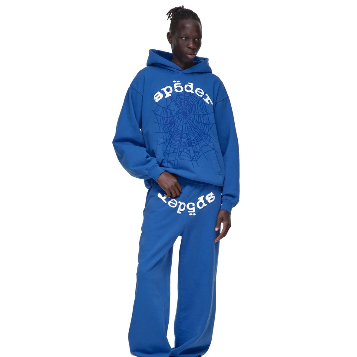 Sp5der Blue White Legacy Hoodie On Body Full Outfit Male
