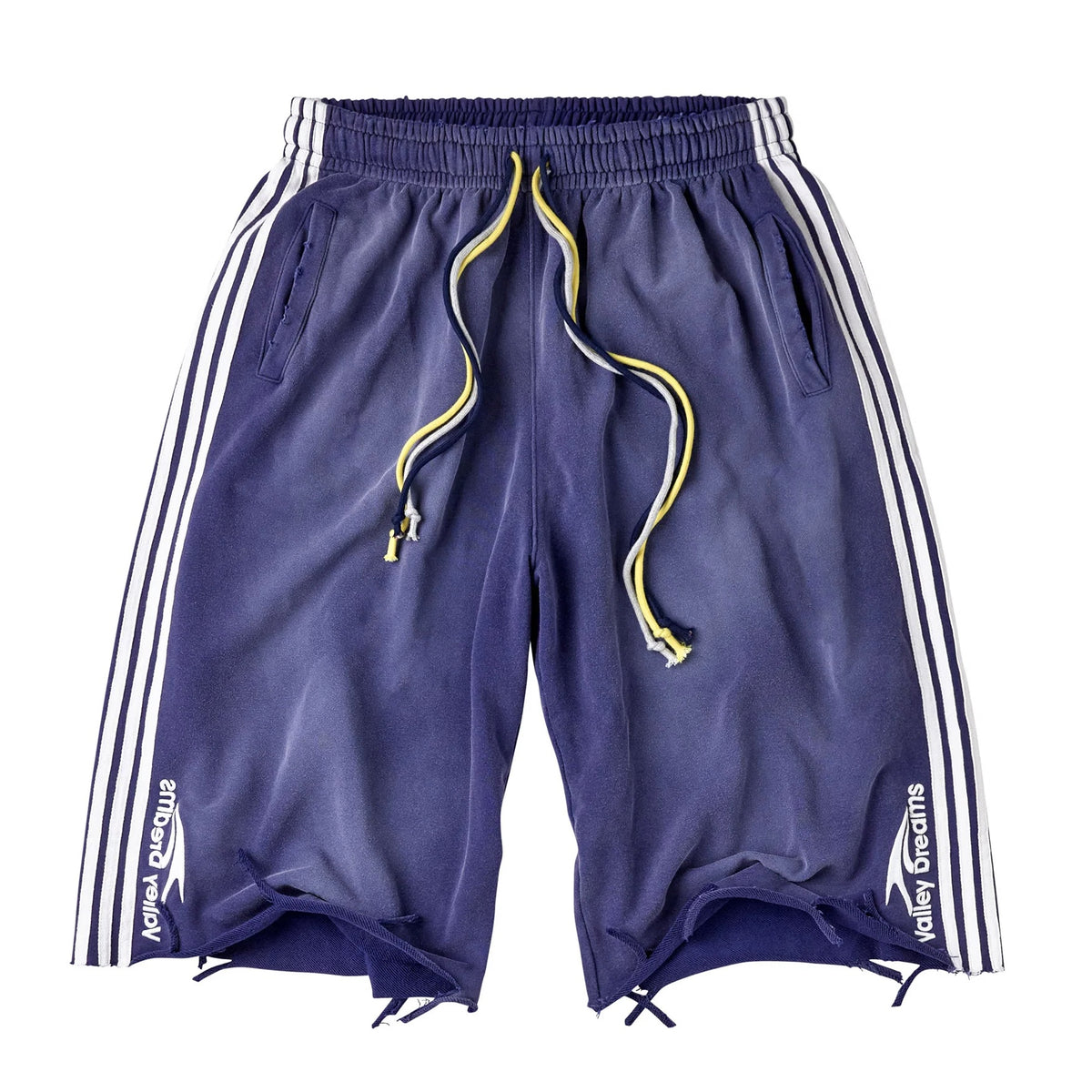 Vale Stripe 3/4 Shorts front - washed navy shorts with triple white side stripes and Valley Dreams leg script