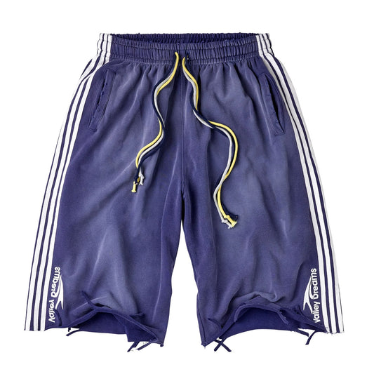 Vale Stripe 3/4 Shorts front - washed navy shorts with triple white side stripes and Valley Dreams leg script