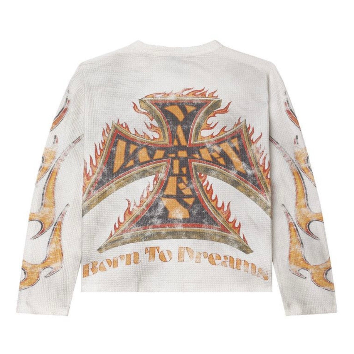 Vale White Reborn Thermal, back of the cream thermal with a flaming Valley cross print and Born To Dreams below it
