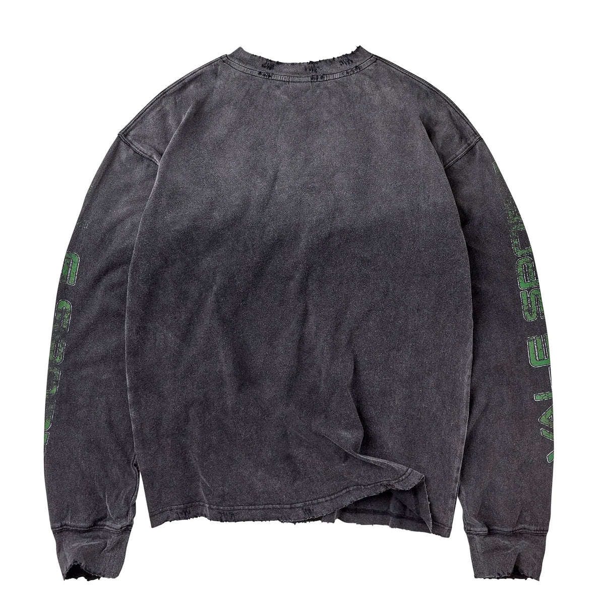 Vale Black Crusader Long Sleeve back - plain washed charcoal body with green lettering down both sleeves