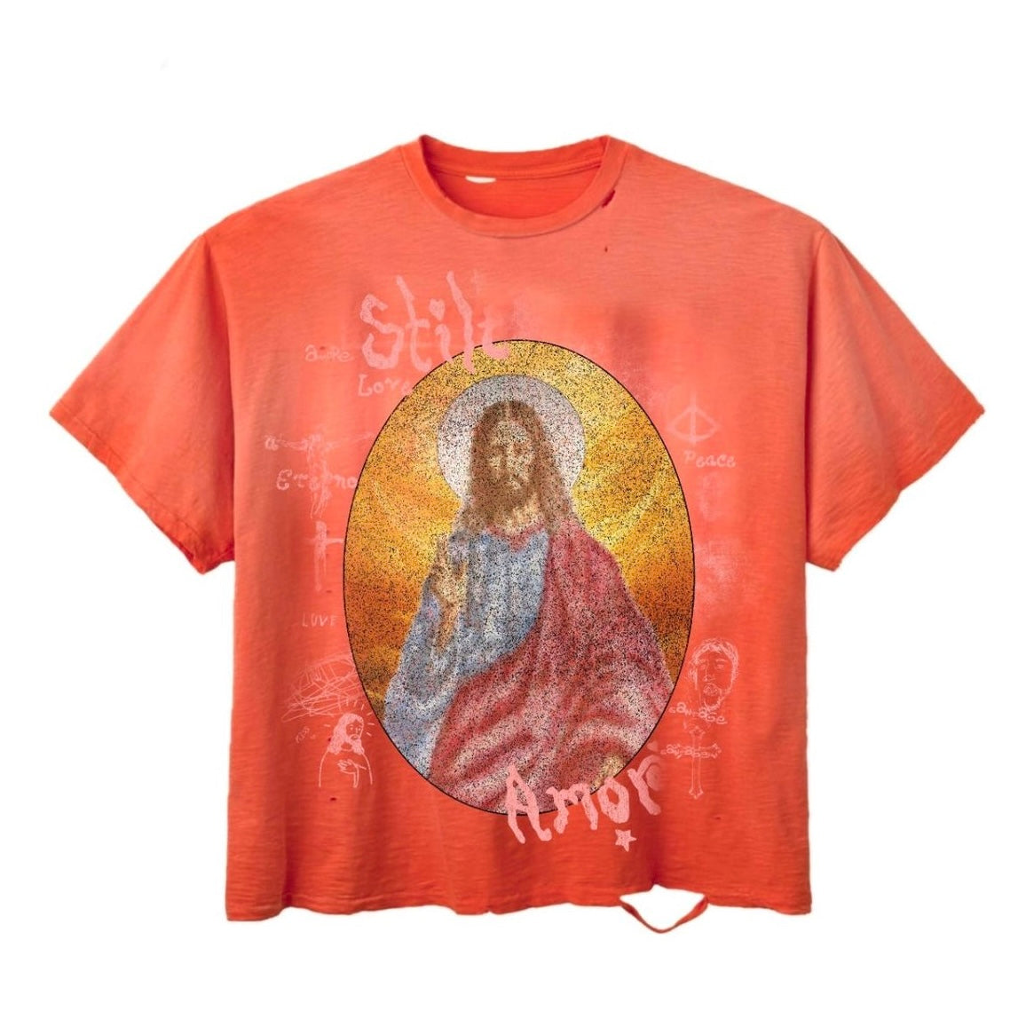 Stile De Amor El Rey tee in washed orange with a mosaic-style portrait of Jesus in an oval frame and faded script lettering