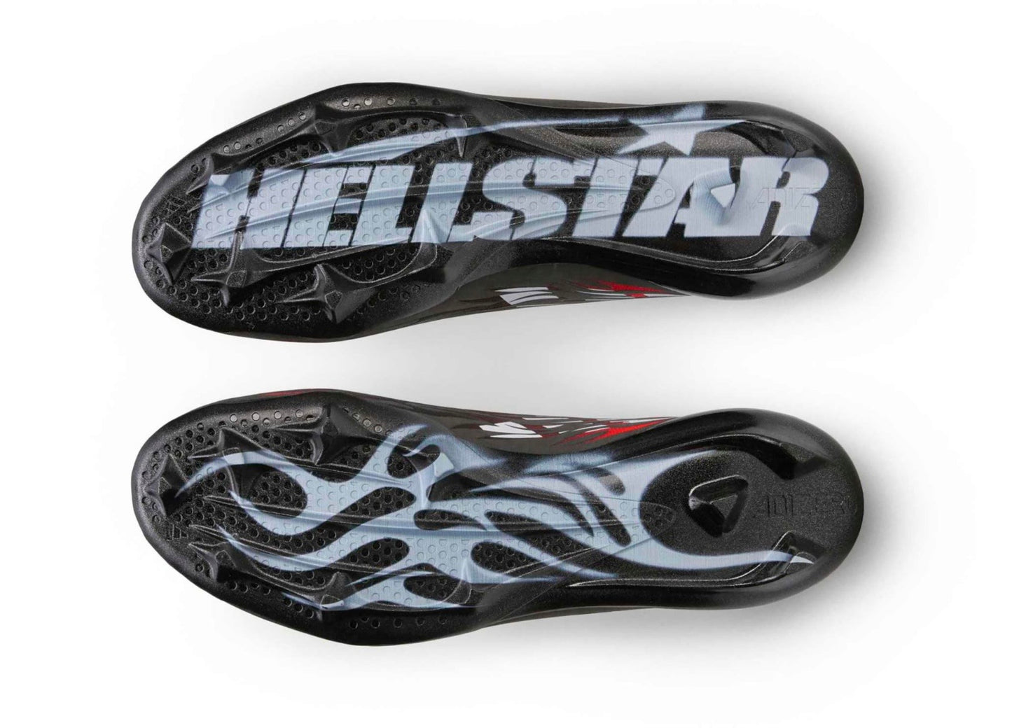 Hellstar Adidas Adizero Electric II Black Red White, close-up of two black cleat plates with pale blue Hellstar lettering and flames
