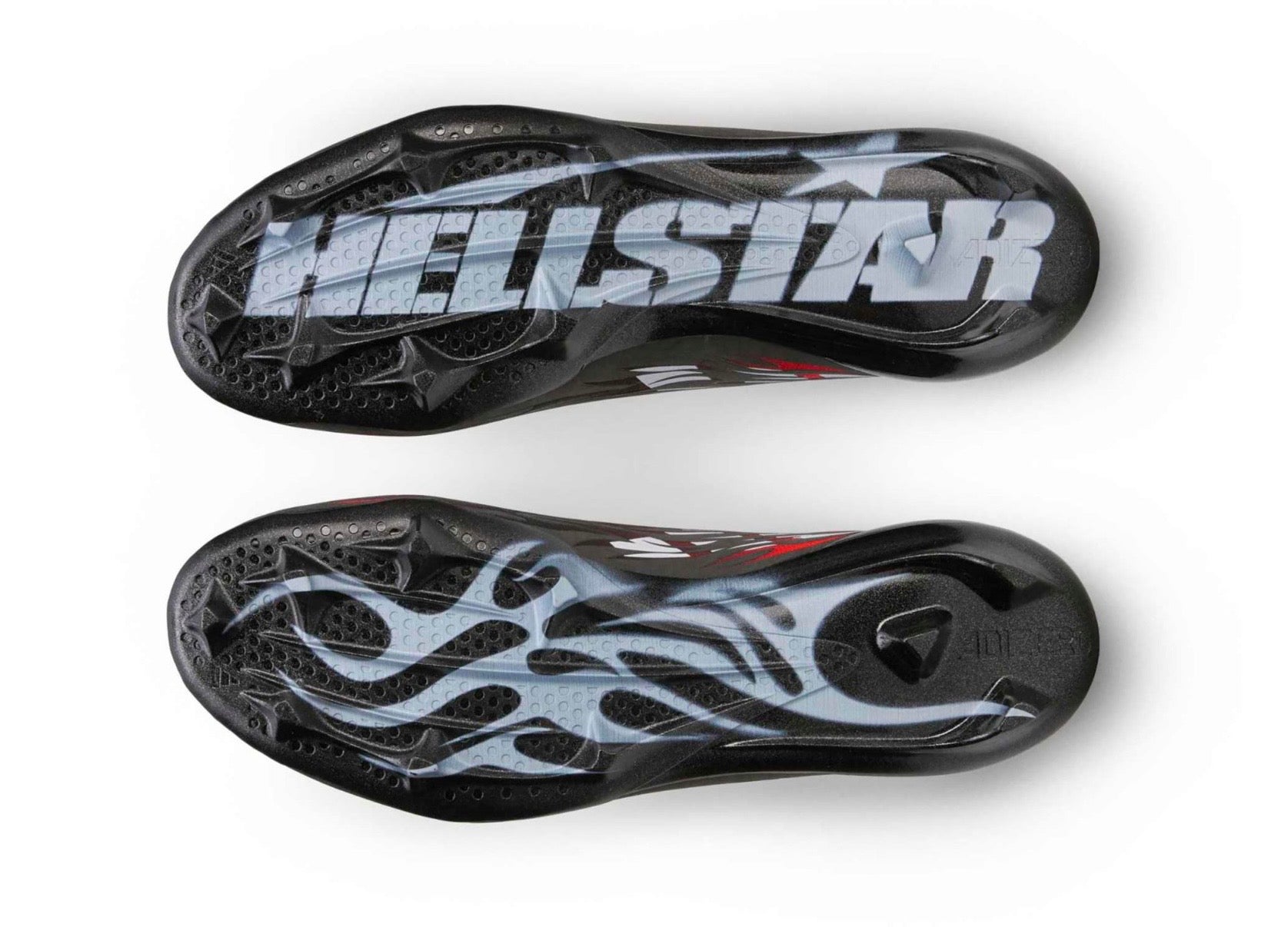 Hellstar Adidas Adizero Electric II Black Red White, close-up of two black cleat plates with pale blue Hellstar lettering and flames