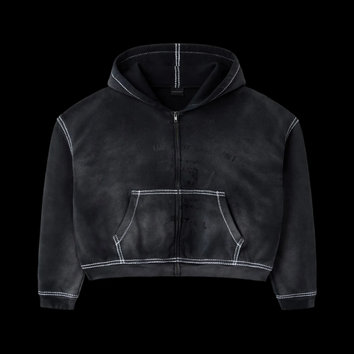 GV Gallery Black Skunk Zip Hoodie, faded black cropped zip hoodie with thick white contrast stitching and a kangaroo pocket