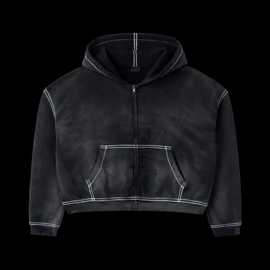 GV Gallery Black Skunk Zip Hoodie, faded black cropped zip hoodie with thick white contrast stitching and a kangaroo pocket