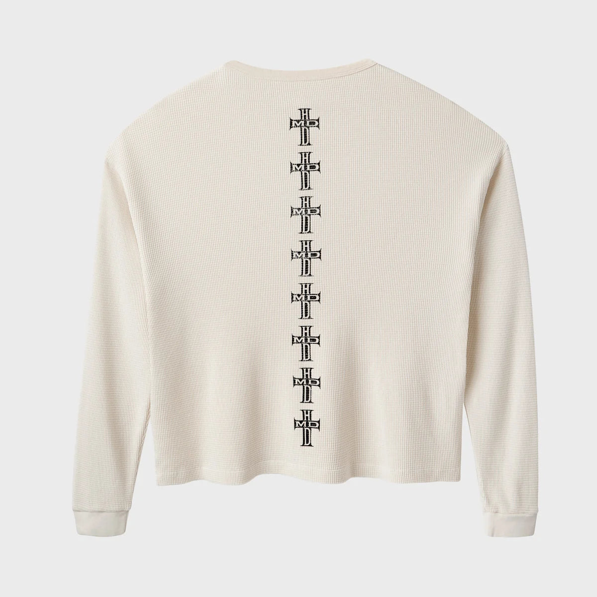 HMDD HC Thermal Long Sleeve, back with a vertical row of black HMDD cross monograms down the spine