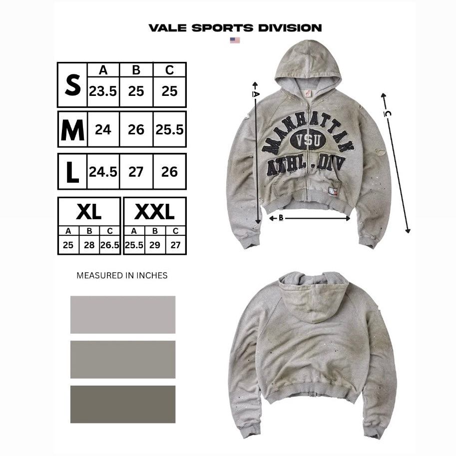 Vale Manhattan Zip Hoodie size chart showing length, width and sleeve columns with colour swatches