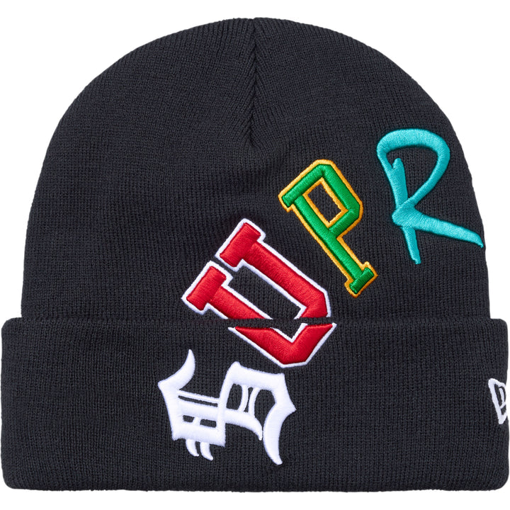 Supreme Navy New Era Arc Beanie front view with red, green and teal arc letters and New Era cuff flag
