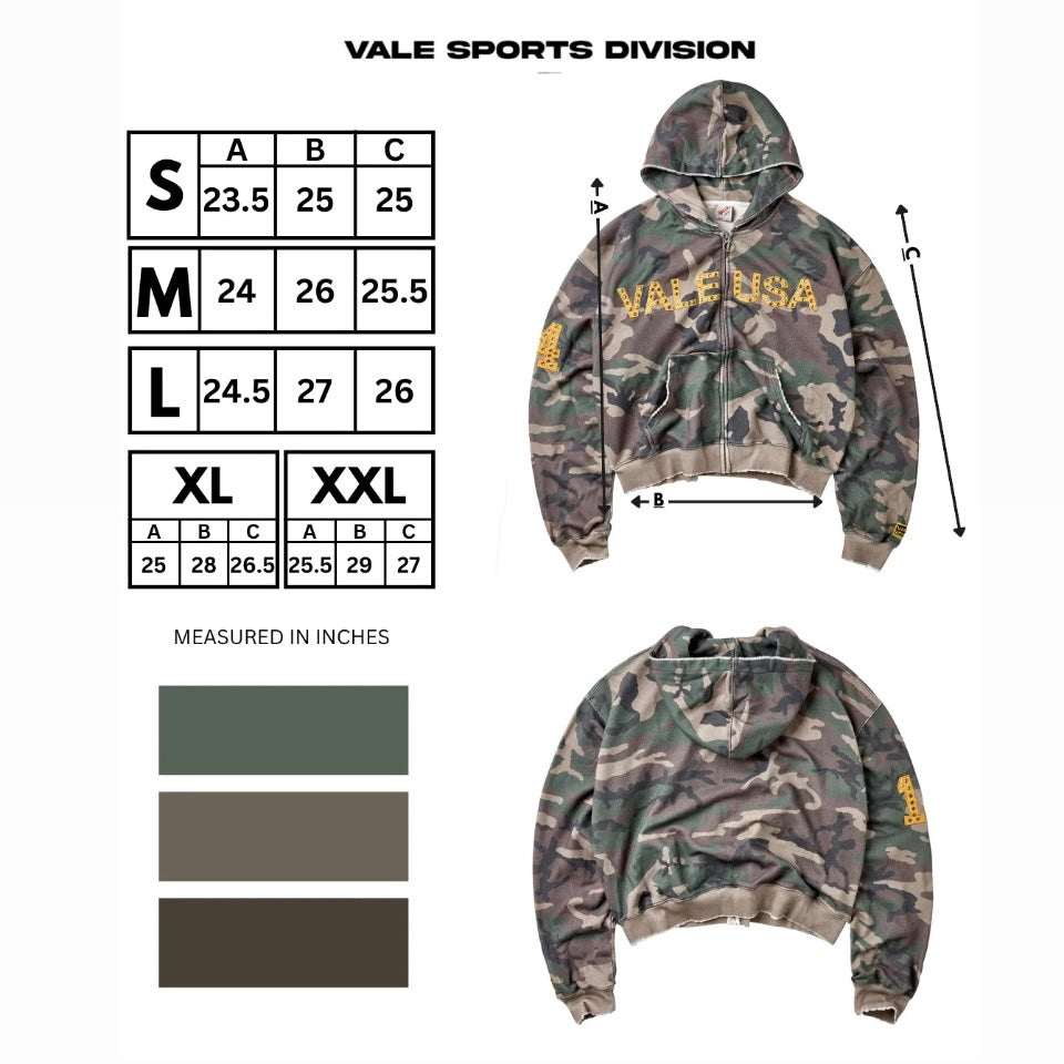 Vale Camo Zip Hoodie size chart showing length, width and sleeve columns with colour swatches