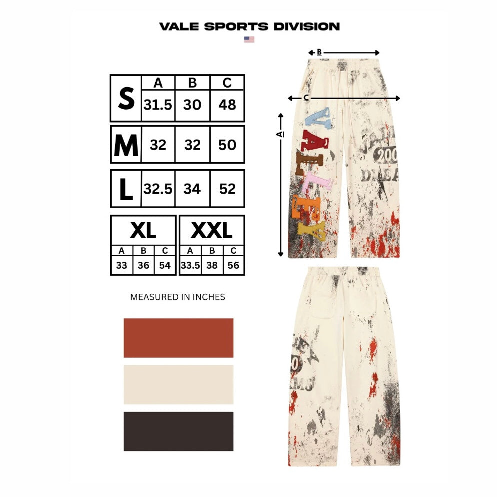 Vale Cream Picasso Sweatpants size chart showing inseam, waist and hip columns with colour swatches