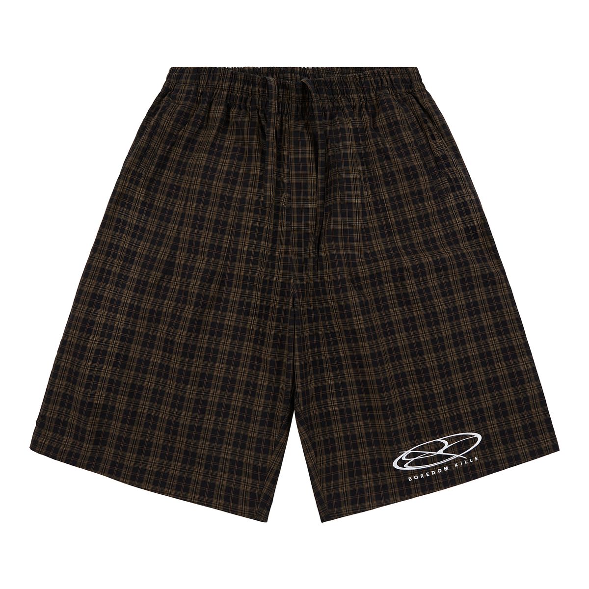 Boredom Kills Black Brown Plaid Track Shorts front flat-lay — dark plaid shorts with the white oval logo on one leg