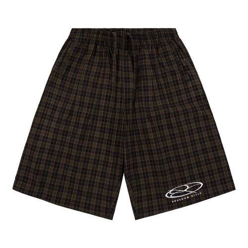 Boredom Kills Black Brown Plaid Track Shorts front flat-lay — dark plaid shorts with the white oval logo on one leg