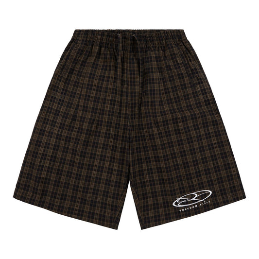 Boredom Kills Black Brown Plaid Track Shorts front flat-lay — dark plaid shorts with the white oval logo on one leg