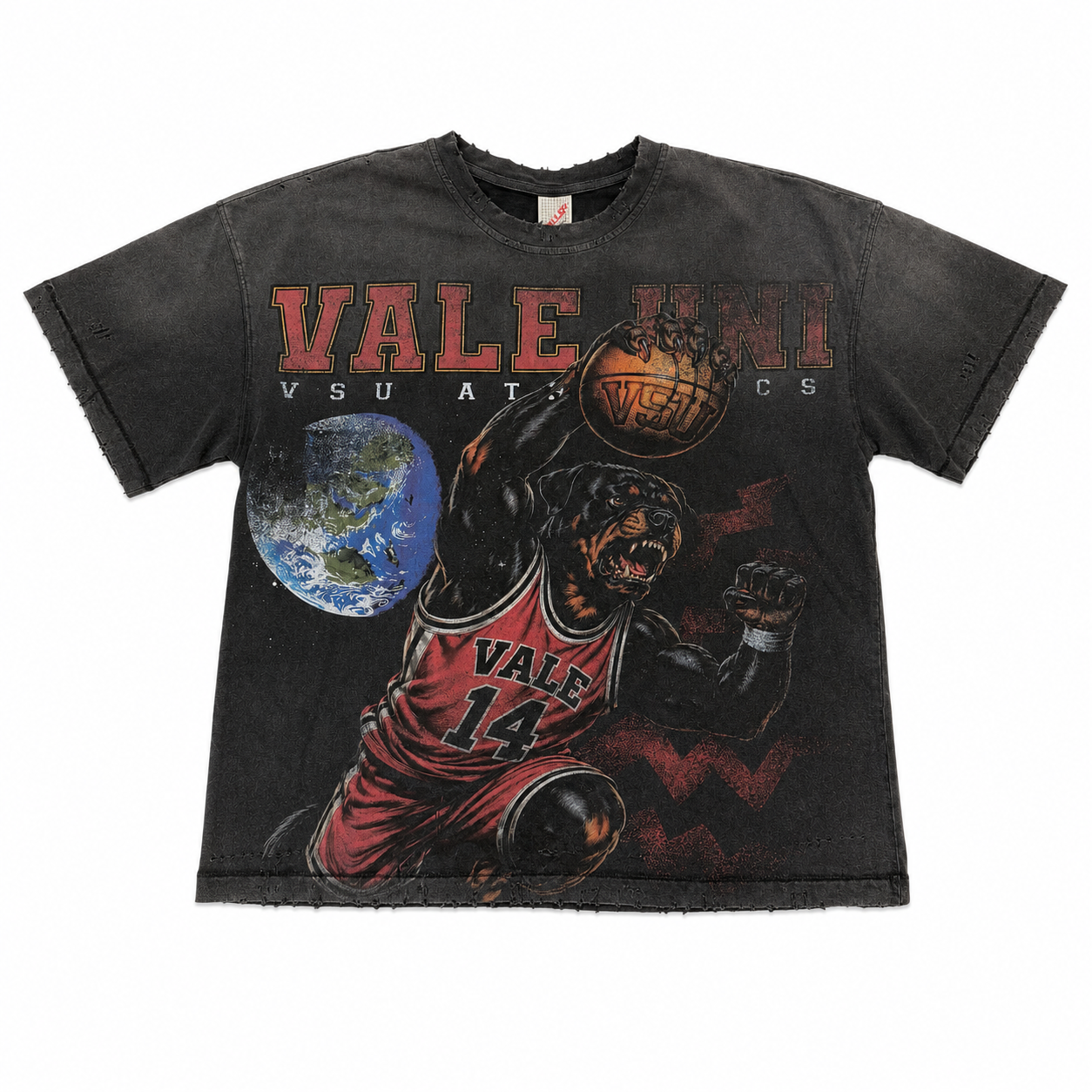 Vale Black Dog Hoops T-Shirt, front view of a washed black tee with a dog in a red number 14 Vale jersey dunking a flaming ball over the earth, under red VALE UNI and VSU ATHLETICS lettering