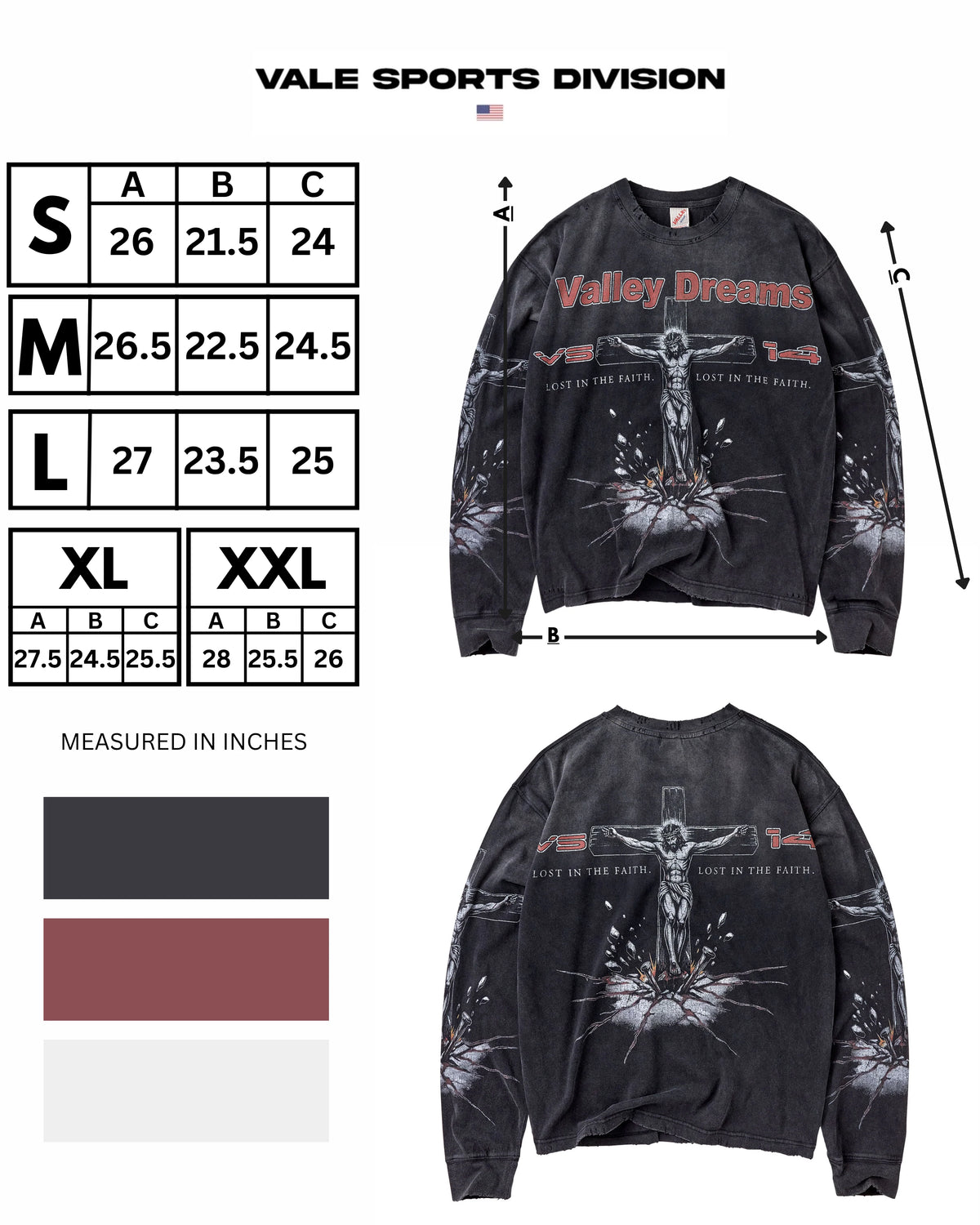 Vale Black Concrete Cross Long Sleeve size chart showing length, width and sleeve columns