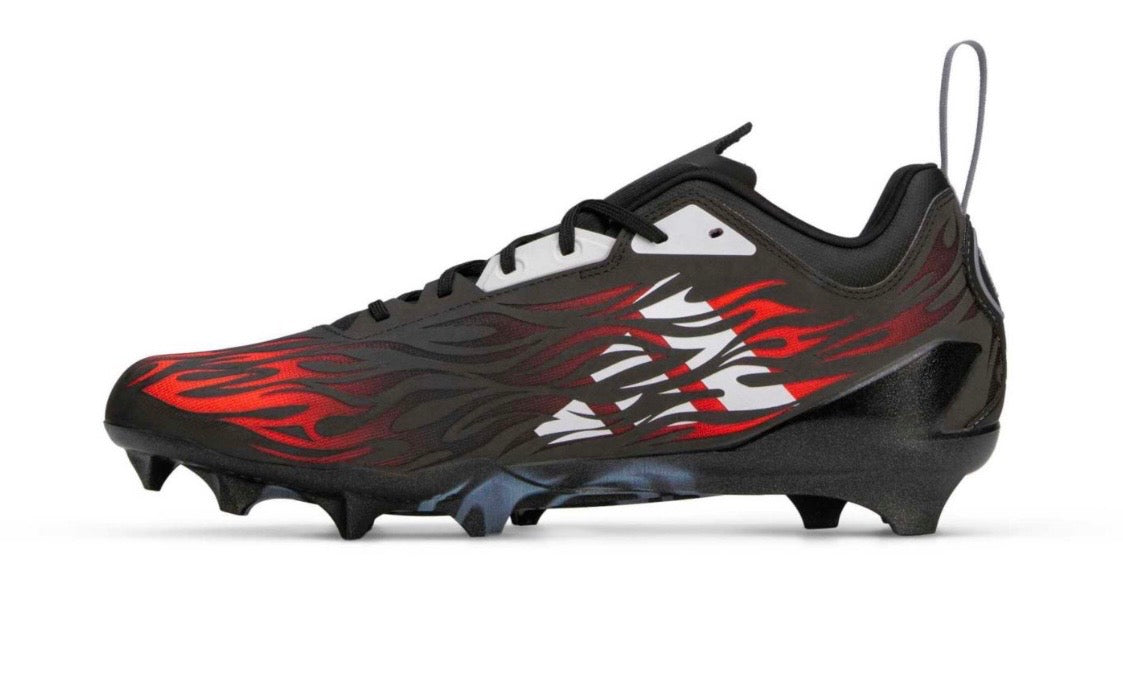Hellstar Adidas Adizero Electric II Black Red White, side view of the other cleat, black upper with red and white flames, white laces
