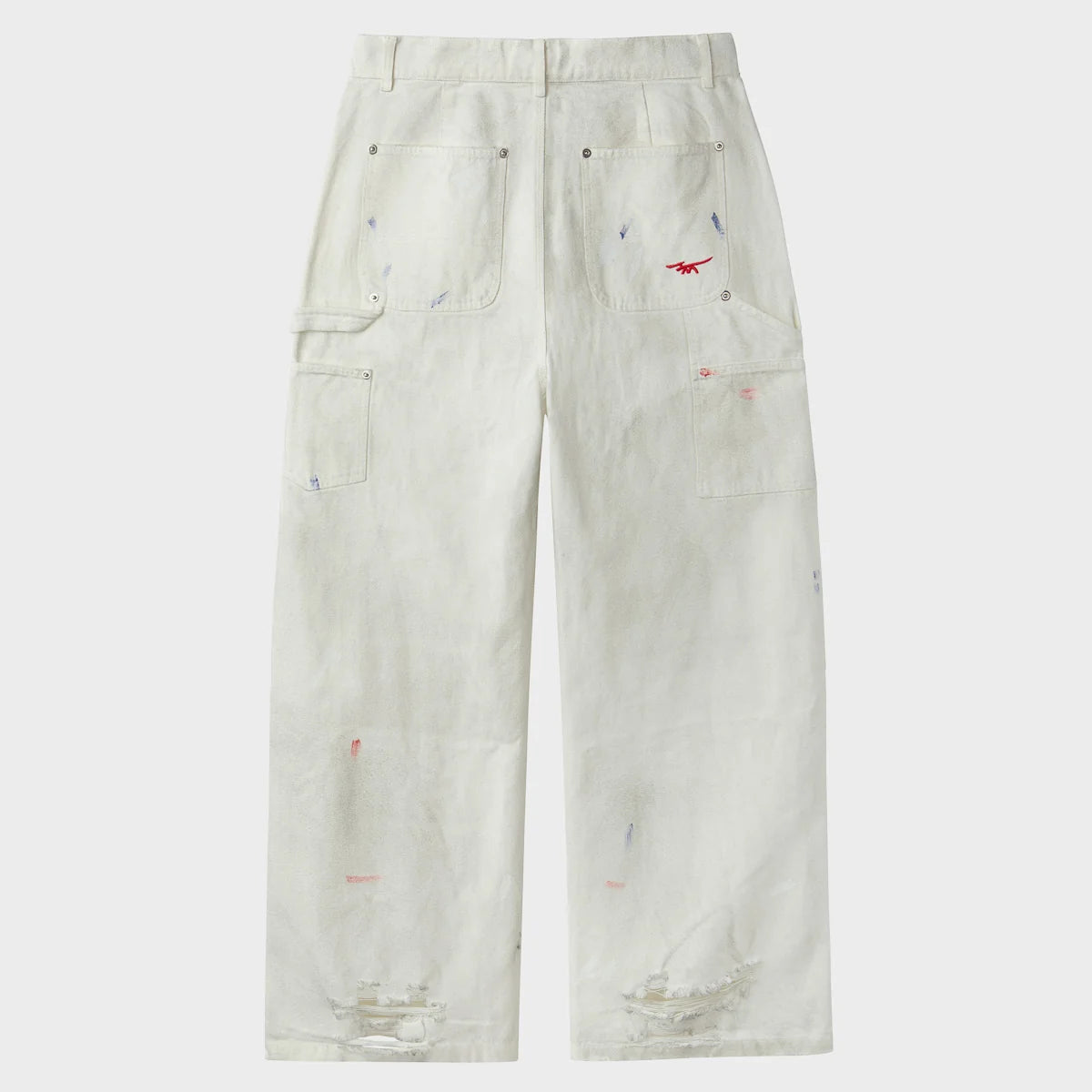 HMDD Big Ed Work Pants, back with patch pockets, paint flecks and frayed hems