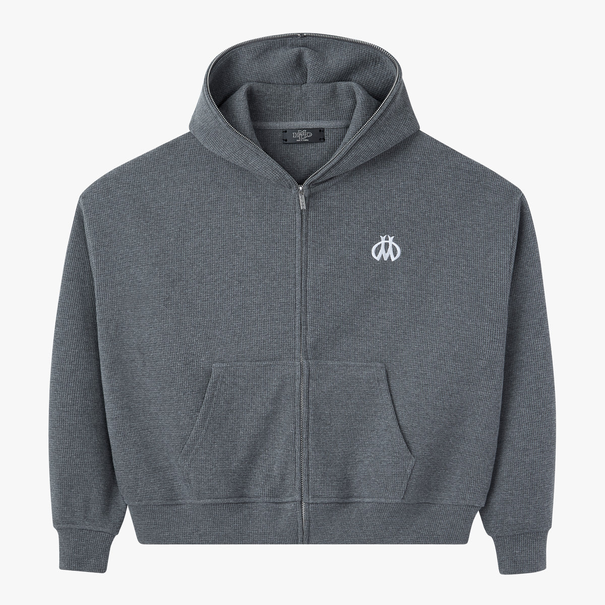Grey waffle thermal full-zip hoodie with white embroidered chest logo, front view